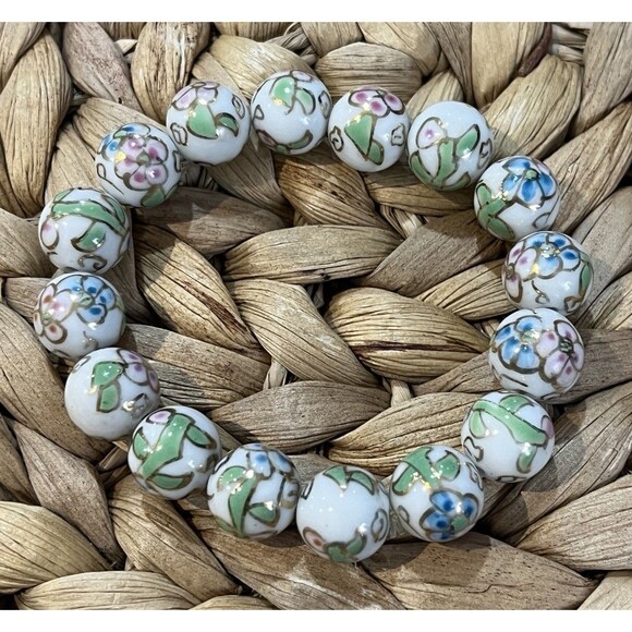 Vintage Dainty Green Gold Tone Cloisonne Enamel Flower Bead Stretch Bracelet - Picture 4 of 6